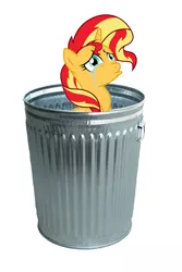 Size: 804x1204 | Tagged: abuse, derpibooru import, downvote bait, into the trash it goes, sad, safe, shimmerbuse, sunset shimmer, sunset shimmer's trash can, trash can, why