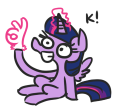 Size: 236x224 | Tagged: safe, artist:jargon scott, derpibooru import, twilight sparkle, twilight sparkle (alicorn), alicorn, pony, cropped, female, glowing horn, hand, horn, k, magic, magic hands, mare, reaction image, simple background, sitting, smiling, solo, white background, 👌