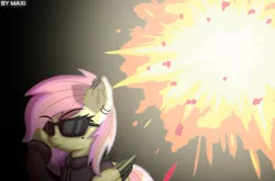 Size: 2499x1654 | Tagged: safe, artist:maxiclouds, derpibooru import, fluttershy, oc, oc:mariasha, pegasus, pony, badass, black background, clothes, cool, cool guys don't look at explosions, explosion, female, flutterbadass, mare, piercing, simple background, solo, sunglasses, swag