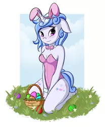Size: 993x1200 | Tagged: suggestive, artist:karat3l, derpibooru import, oc, oc:melodia, unofficial characters only, anthro, unguligrade anthro, unicorn, basket, blushing, bowtie, breasts, bunny suit, clothes, commission, cuffs (clothes), easter basket, easter egg, female, floppy ears, grass, kneeling, looking at you, solo