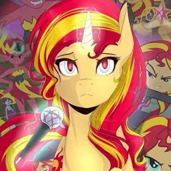 Size: 515x515 | Tagged: safe, derpibooru import, sunset shimmer, equestria girls, equestria girls (movie), my past is not today, rainbow rocks, big crown thingy, collage, element of magic, glowing horn, horn, jewelry, magic, microphone, multeity, regalia, shimmerstorm, sunset satan, telekinesis, zoom layer