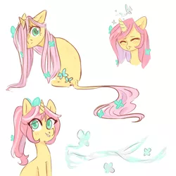 Size: 2000x2000 | Tagged: safe, artist:rinhedeaki, derpibooru import, fluttershy, pony, unicorn, leak, spoiler:g5, female, fluttershy (g5), g5, hair over one eye, looking at you, looking back, looking back at you, mare, simple background, sitting, solo, unicorn fluttershy, white background