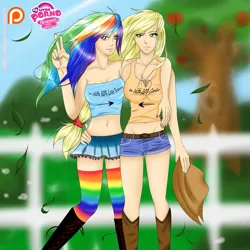 Size: 3543x3543 | Tagged: suggestive, artist:wild stallions, derpibooru import, applejack, rainbow dash, human, my little porno: friendship with benefits, 20% cooler, 50 percent less scared, 50% less scared, apple, apple tree, appledash, applejack's hat, belly button, belt, boots, breasts, busty applejack, busty rainbow dash, castle-mania, clothes, concept art, cowboy hat, denim, denim shorts, female, females only, fence, hat, humanized, leaves, legs, lesbian, midriff, miniskirt, nail polish, patreon, peace sign, pleated skirt, rainbow socks, sexy, sexy outfit, shipping, shoes, shorts, skirt, skirt pull, socks, stockings, striped socks, sweet apple acres, tanktop, thigh highs, tree, tube top, zettai ryouiki