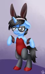 Size: 850x1380 | Tagged: safe, artist:sabrib, derpibooru import, oc, oc:tinker doo, semi-anthro, unicorn, blushing, bunny ears, bunny suit, clothes, crossdressing, cuffs (clothes), glasses, male, solo, standing