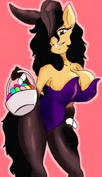 Size: 1074x1856 | Tagged: suggestive, artist:solratic, derpibooru import, oc, oc:terra, anthro, earth pony, anthro oc, basket, big breasts, breasts, bunny ears, bunny suit, clothes, cuffs (clothes), easter basket, female, hair over one eye, leotard, smiling, solo, solo female