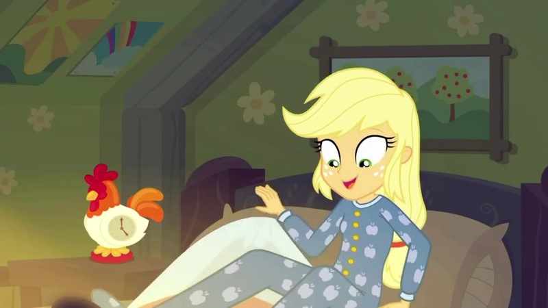 Size: 1280x720 | Tagged: safe, derpibooru import, screencap, applejack, bird, equestria girls, equestria girls series, five to nine, applejack's bedroom, clock, clothes, happy, onesie, pajamas, rooster, smiling, solo