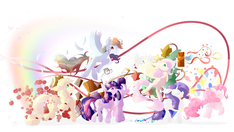 Size: 3176x1787 | Tagged: safe, artist:tohupo, derpibooru import, applejack, fluttershy, pinkie pie, rainbow dash, rarity, starlight glimmer, twilight sparkle, twilight sparkle (alicorn), alicorn, earth pony, pegasus, pony, unicorn, apple, applejack's hat, balloon, bird house, confetti, cowboy hat, female, food, hat, mane six, mare, pocket watch, rainbow