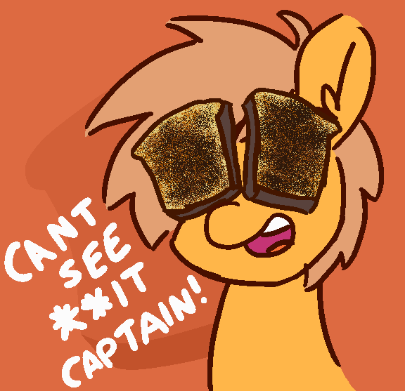 Size: 576x557 | Tagged: safe, artist:threetwotwo32232, derpibooru import, oc, oc:meadow stargazer, earth pony, pony, bread, dialogue, female, food, i can't see shit, mare, solo, swearing, toast, vulgar