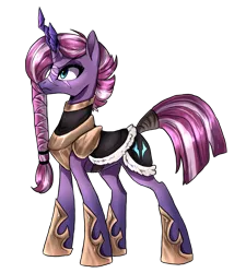 Size: 2400x2672 | Tagged: safe, artist:not-ordinary-pony, derpibooru import, cosmos (character), tempest shadow, pony, unicorn, my little pony: the movie, alternate design, braid, clothes, crystal, dark crystal, eye scar, female, mare, prosthetic horn, prosthetics, scar, serious, serious face, simple background, solo, tail wrap, tempest gets her horn back, transparent background