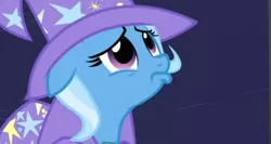 Size: 770x410 | Tagged: safe, derpibooru import, screencap, trixie, pony, unicorn, magic duel, cape, clothes, cute, diatrixes, female, hat, mare, pouting, sad, trixie's cape, trixie's hat