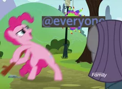 Size: 1472x1080 | Tagged: derpibooru import, discord (program), discovery family logo, edit, edited screencap, @everyone, maud pie, meme, motion blur, paint.net, pinkie pie, safe, screencap, stick, stick abuse, the maud couple, tree