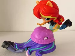 Size: 1400x1050 | Tagged: safe, artist:whatthehell!?, derpibooru import, starlight glimmer, sunset shimmer, equestria girls, abuse, beanie, boots, clothes, doll, dress, equestria girls minis, glimmerbuse, hat, irl, jacket, kick, kicking, pants, photo, shoes, toy