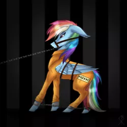 Size: 3000x3000 | Tagged: safe, artist:charliegray99, derpibooru import, rainbow dash, pony, bound wings, bridle, chains, clothes, cuffs, gritted teeth, jail, never doubt rainbowdash69's involvement, prison, prison outfit, prisoner, prisoner rd, sad, shackles, solo, tack, wings