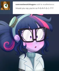 Size: 500x600 | Tagged: safe, artist:wubcakeva, derpibooru import, sci-twi, twilight sparkle, comic:twilight's lab, eqg summertime shorts, equestria girls, mad twience, blushing, clothes, comic, suprised look