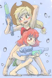 Size: 1200x1800 | Tagged: safe, artist:yanamosuda, derpibooru import, apple bloom, applejack, human, equestria girls, applejack's hat, armpits, barefoot, bow, clothes, cowboy hat, feet, female, hat, siblings, sisters, swimsuit, watergun