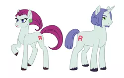 Size: 1012x635 | Tagged: safe, artist:kianamai, artist:yamujiburo, derpibooru import, ponified, earth pony, pony, unicorn, crossover, james, jessie, pokémon, simple background, smiling, team rocket, white background