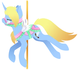 Size: 1565x1416 | Tagged: safe, artist:mynder, derpibooru import, oc, oc:art's desire, unofficial characters only, pony, unicorn, carousel, clothes, curved horn, cutie mark, eyes closed, fake wings, female, gradient mane, gradient tail, hooves, horn, lineless, mare, reins, saddle, simple background, solo, tack, transparent background, wings