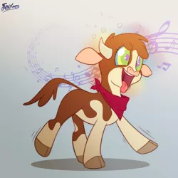 Size: 2000x2000 | Tagged: safe, artist:fluffyxai, derpibooru import, arizona cow, cow, them's fightin' herds, big smile, clothes, cloven hooves, community related, gradient background, home on the range, hypnosis, hypnotized, magic, music, music notes, neckscarf, open mouth, scarf, simple background, smiling, solo, tongue out, walking, wobbly
