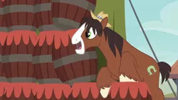 Size: 1366x768 | Tagged: safe, derpibooru import, screencap, trouble shoes, horse, pony, appleoosa's most wanted, barrel, cute, excited, happy, male, smiling, solo, stallion, troublebetes