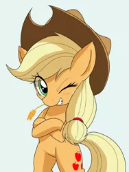 Size: 1200x1600 | Tagged: safe, artist:phoenixperegrine, derpibooru import, applejack, earth pony, pony, semi-anthro, applejack's hat, bipedal, cowboy hat, crossed arms, crossed hooves, cute, eye clipping through hair, female, hat, hay, hey, jackabetes, looking at you, mare, one eye closed, simple background, solo, straw in mouth, white background, wink