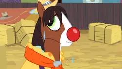 Size: 1366x768 | Tagged: appleoosa's most wanted, clothes, clown nose, cute, derpibooru import, happy, rodeo, safe, screencap, smiling, solo, troublebetes, trouble shoes, wet, wet mane