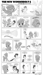 Size: 1600x2770 | Tagged: safe, artist:marmorexx, derpibooru import, fire streak, fleetfoot, soarin', spitfire, pony, comic:the new wonderbolt, monochrome, x eyes