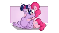 Size: 2560x1440 | Tagged: safe, artist:andelai, derpibooru import, pinkie pie, twilight sparkle, earth pony, pony, unicorn, belly, belly button, bellyrubs, cuddling, duo, fat, female, frog (hoof), implied lesbian, implied shipping, implied twinkie, mare, simple background, squishy, transparent background, twilard sparkle, underhoof