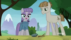 Size: 1280x720 | Tagged: safe, derpibooru import, screencap, boulder (pet), maud pie, mudbriar, twiggy (pet), earth pony, pony, the maud couple, discovery family logo, duo, female, looking down, male, maudbriar, shipping, straight, worm's eye view