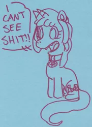 Size: 2728x3777 | Tagged: artist needed, safe, derpibooru import, oc, oc:blooming corals, unicorn, blind, blind joke, collar, construction paper, i can't see shit, sharpie, solo, traditional art, vulgar