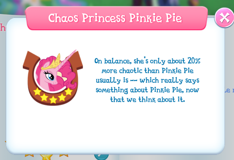 Size: 760x520 | Tagged: 20%, alicorn, alicornified, derpibooru import, gameloft, game screencap, idw, idw showified, pinkiecorn, pinkie pie, princess of chaos, race swap, safe, solo, spoiler:comic57, text, xk-class end-of-the-world scenario