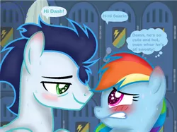 Size: 1194x891 | Tagged: safe, artist:thestartrail, derpibooru import, rainbow dash, soarin', blushing, cute, dashabetes, dashful, female, heart eyes, locker room, male, semi-vulgar, shipping, shy, shy dashie, soarindash, speech bubble, straight, sweat, thought bubble, wingding eyes