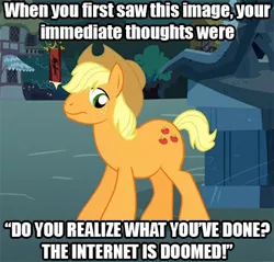 Size: 400x383 | Tagged: applejack, applejack (male), big jackintosh, big macintosh, caption, derpibooru import, disguise, image macro, meta, rule 63, safe, text