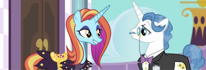 Size: 1323x451 | Tagged: derpibooru import, edit, edited screencap, fancypants, fashionistas, female, male, princess spike (episode), safe, sassypants, sassy saddles, screencap, shipping, straight