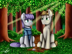 Size: 1600x1200 | Tagged: safe, artist:supermoix, derpibooru import, boulder (pet), maud pie, mudbriar, twiggy (pet), complex background, crepuscular rays, cute, female, forest, grass, male, maudbriar, shipping, straight, tree