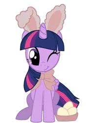 Size: 1500x2018 | Tagged: safe, artist:lonewolf3878, derpibooru import, twilight sparkle, twilight sparkle (alicorn), alicorn, basket, bow, bunny ears, cute, easter, easter egg, egg (food), featured image, food, holiday, image, looking at you, one eye closed, png, simple background, sitting, smiling, solo, transparent background, twiabetes, vector, weapons-grade cute, wink