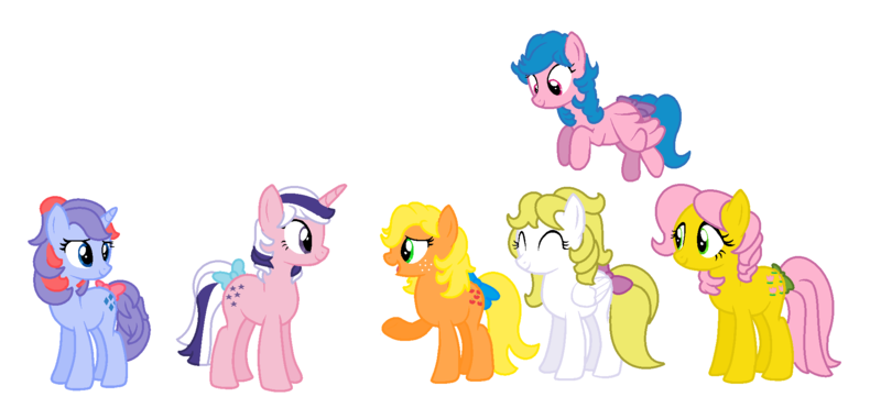 Size: 1992x924 | Tagged: safe, artist:yaya54320, derpibooru import, applejack (g1), firefly, posey, sparkler (g1), surprise, twilight sparkle, earth pony, pegasus, pony, unicorn, base used, bow, female, flying, g1, g1 six, g1 to g4, generation leap, mare, simple background, tail bow, white background