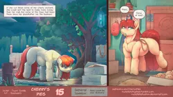 Size: 600x338 | Tagged: safe, artist:myfetishsituation, derpibooru import, oc, unofficial characters only, earth pony, pony, comic:cherry's pies, advertisement, belly, comic, dialogue, fat, female, mare, solo, weight gain