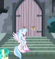 Size: 370x400 | Tagged: animated, classical hippogriff, cropped, cute, derpibooru import, diastreamies, gif, hippogriff, safe, sandbar, school daze, screencap, seapony (g4), silverstream, slow motion, transformation