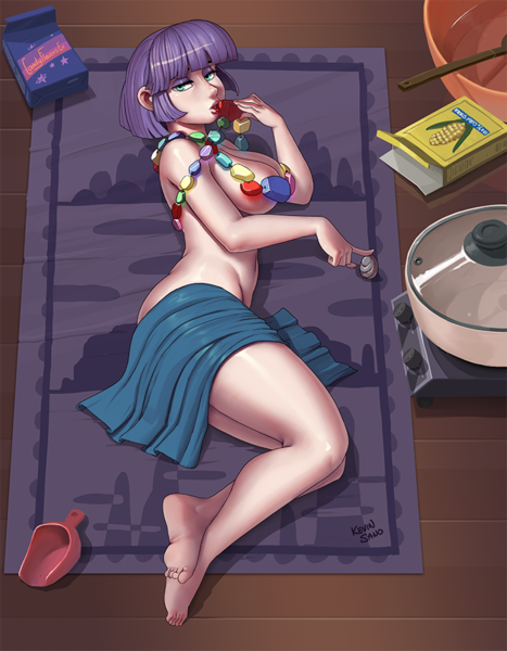 Size: 700x900 | Tagged: suggestive, artist:kevinsano, derpibooru import, boulder (pet), maud pie, human, barefoot, bedroom eyes, big breasts, blanket, breasts, busty maud pie, eyeshadow, feet, female, gem, humanized, kissing, looking at you, makeup, nudity, seductive, sexy, side, soles, solo, solo female, stupid sexy maud pie
