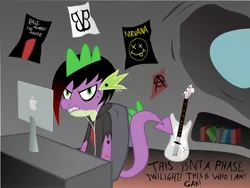 Size: 1726x1296 | Tagged: apple (company), artist needed, black veil brides, braces, derpibooru import, dragon, emo, guitar, it's a phase, it's not a phase, musical instrument, nirvana, older, older spike, rage against the machine, rebellious teen, safe, skrillex, solo, source needed, spike, teenaged dragon, teenager, teenage spike