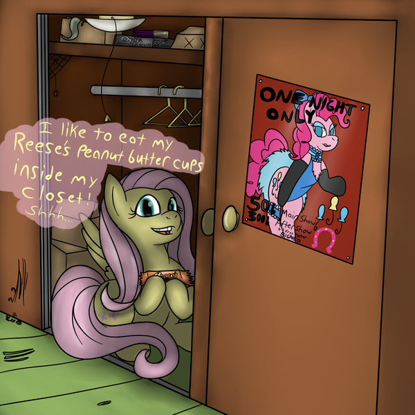 Size: 1200x1200 | Tagged: safe, artist:pavlovzdawg, derpibooru import, fluttershy, pinkie pie, earth pony, pegasus, pony, boxes, chocolate, closet, female, food, mare, peanut butter, reese's peanut butter cups