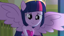 Size: 2035x1144 | Tagged: safe, artist:zoe-975, derpibooru import, twilight sparkle, twilight sparkle (alicorn), alicorn, equestria girls, equestria girls (movie), bare shoulders, big crown thingy, clothes, crown, cute, dress, element of magic, fall formal outfits, jewelry, looking at you, ponied up, regalia, sleeveless, spread wings, strapless, twiabetes, wings