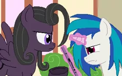 Size: 640x400 | Tagged: artist:herooftime1000, bush, derpibooru import, oc, oc:bittersweet nocturne, octavia in the underworld's cello, pixel art, ponyville, record, safe, vinyl scratch, wall