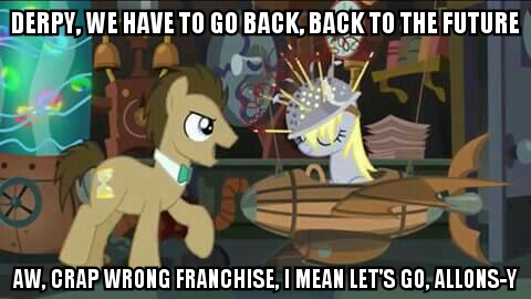 Size: 480x270 | Tagged: safe, derpibooru import, edit, edited screencap, screencap, derpy hooves, doctor whooves, time turner, earth pony, pony, slice of life (episode), allons-y, back to the future, blooper, caption, doctor who, doctor whooves' lab, doctorderpy, duo, eyes closed, female, image macro, male, mare, meme, muffin 1, reference, shipping, stallion, straight, text, wrong franchise