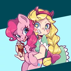 Size: 2700x2700 | Tagged: safe, artist:馬文, derpibooru import, pinkie pie, earth pony, pony, clothes, crossover, duo, eye sparkles, female, food, ice cream, ice cream cone, mare, skirt, star butterfly, star vs the forces of evil, wingding eyes, xk-class end-of-the-world scenario