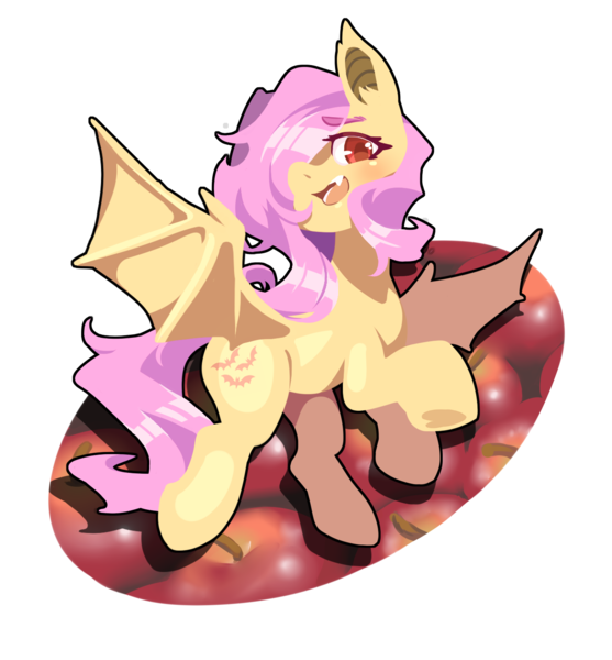 Size: 1300x1400 | Tagged: safe, artist:馬文, derpibooru import, fluttershy, bat pony, pony, apple, bat ponified, bat wings, cute, eyebrows visible through hair, female, flutterbat, food, hair over one eye, head turn, looking at you, mare, open mouth, race swap, red eyes, shyabates, shyabetes, simple background, solo, species swap, spread wings, transparent background, wings