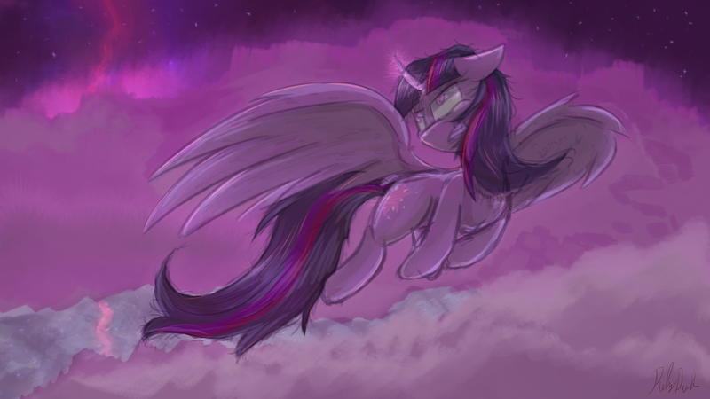 Size: 2400x1350 | Tagged: safe, artist:ruby dusk, derpibooru import, twilight sparkle, twilight sparkle (alicorn), alicorn, pegasus, pony, angry, cloud, flying, gritted teeth, magic, sky, solo