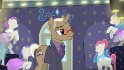 Size: 1920x1080 | Tagged: safe, derpibooru import, screencap, bracer britches, pony, unicorn, fake it 'til you make it, business suit, clothes, glasses, male, mannequin, necktie, ponyquin, rarity for you, solo, stallion, suit, tim gunn