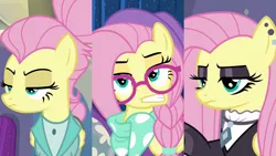 Size: 3643x2048 | Tagged: alternate hairstyle, derpibooru import, fake it 'til you make it, fluttergoth, fluttershy, goth, hipstershy, safe, screencap, severeshy