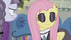 Size: 1920x1080 | Tagged: safe, derpibooru import, screencap, fluttershy, inky rose, pegasus, pony, fake it 'til you make it, ear piercing, earring, eyes closed, eyeshadow, fluttergoth, goth, jewelry, makeup, piercing, solo focus